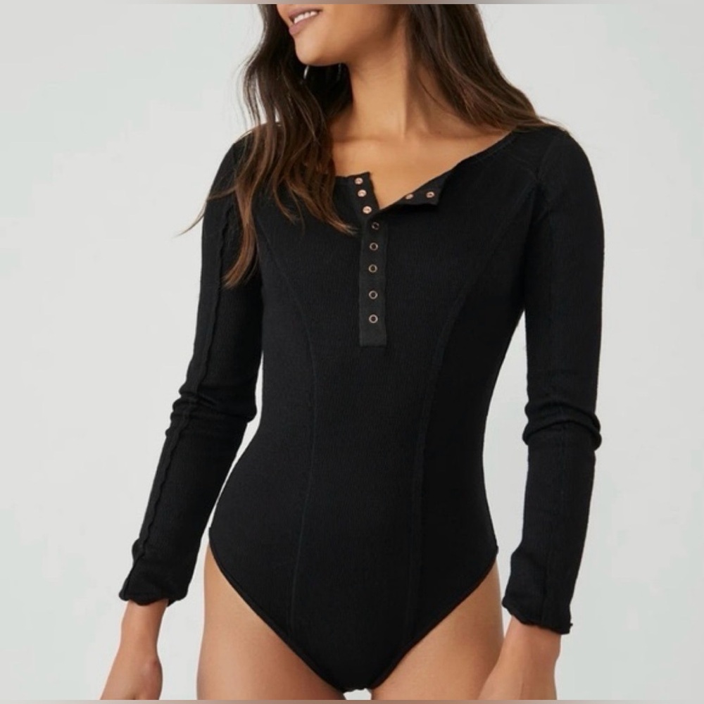Free People Black Ribbed Henley Bodysuit